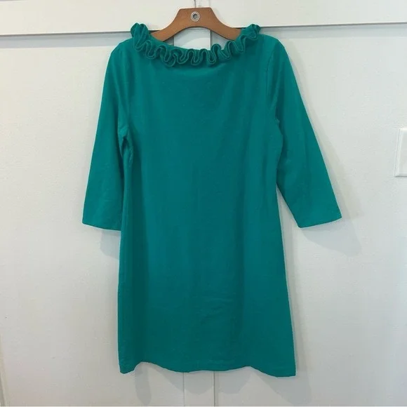 Talbots Dress Turquoise Ruffle Neckline Cotton 3/4 Sleeve Casual Colorful SZ M - Picture 4 of 7